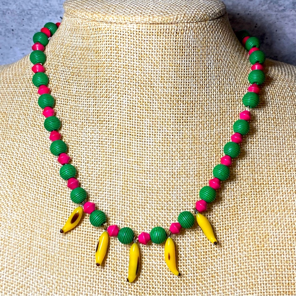 Vintage banana charm necklace with green and pink beads